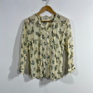 LOFT Peasant Sheer Butter Yellow Floral Striped Button Down Top Womens Medium